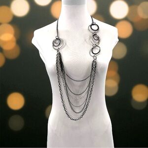 Large Waterfall Style Multi Strand Gunmetal Black and Silver Tone Chain Necklace